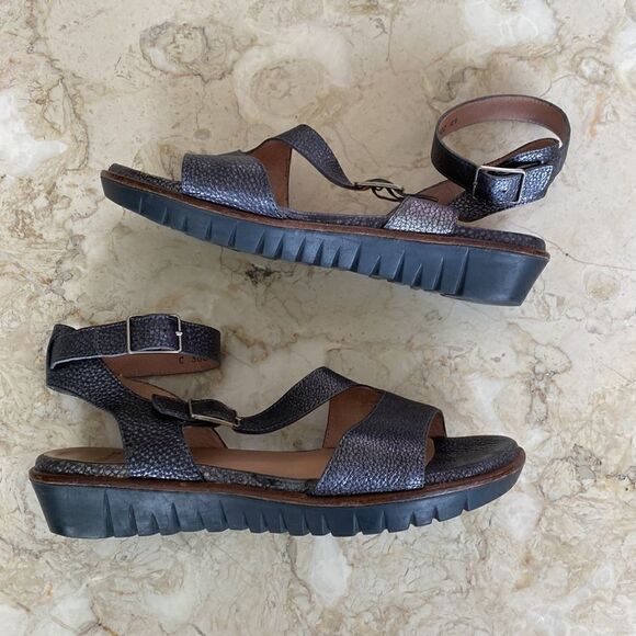 Wonders Leather Sandals Metallic Grey Ankle Strap - Picture 1 of 13